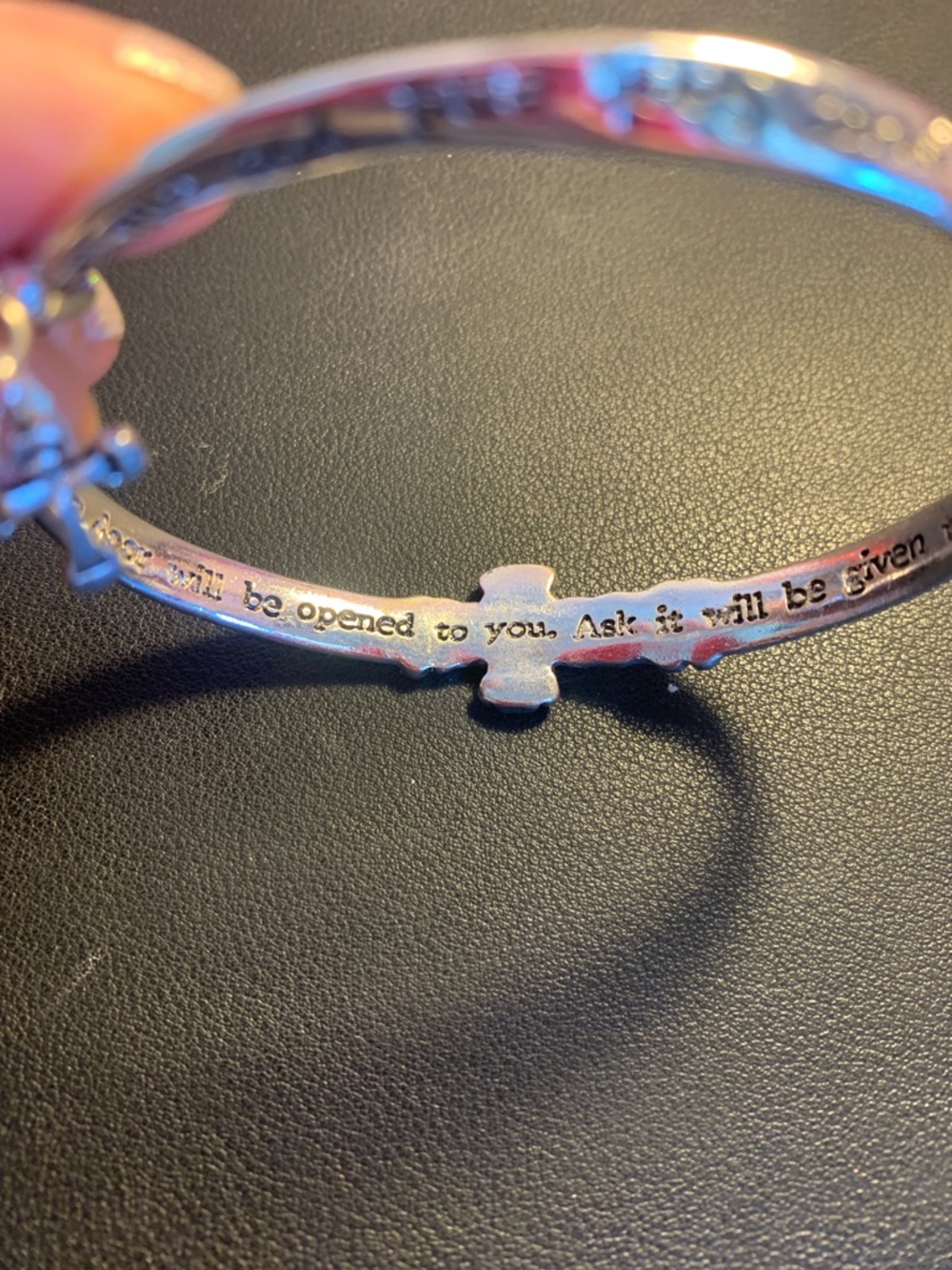 Sterling Silver Cross Charm Bangle Bracelet - Inspirational Matthew 7:7-8 - Picture 4 of 4